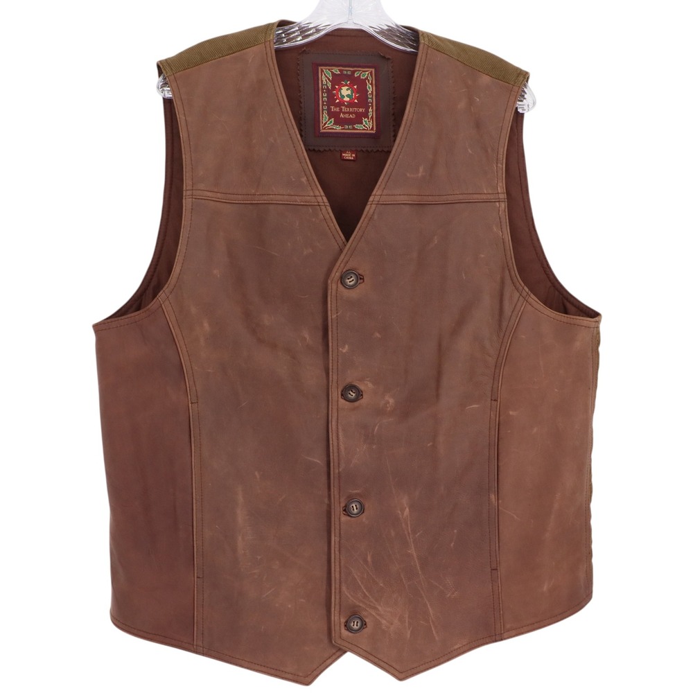 The Territory Ahead Mens Size XL Brown Leather Vest Quilted Corduroy Back